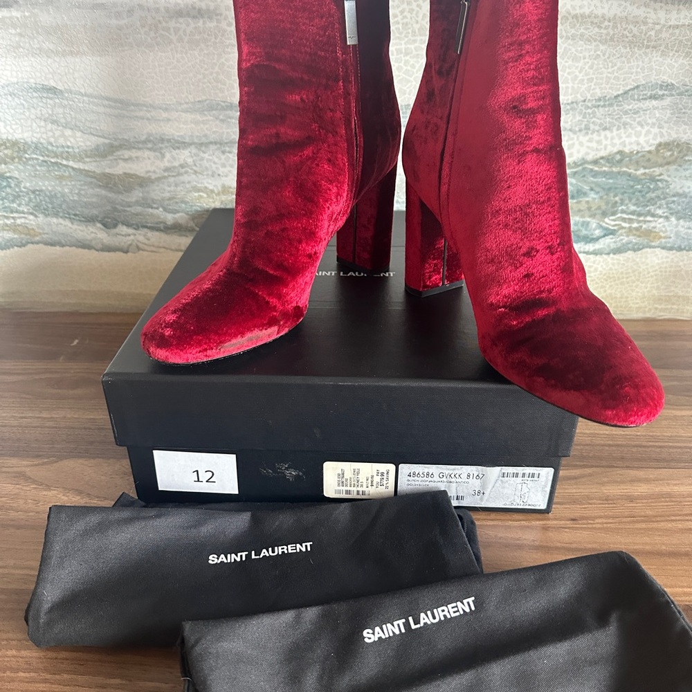 Saint Laurent Red Velvet Ankle Boots - Picture 13 of 13